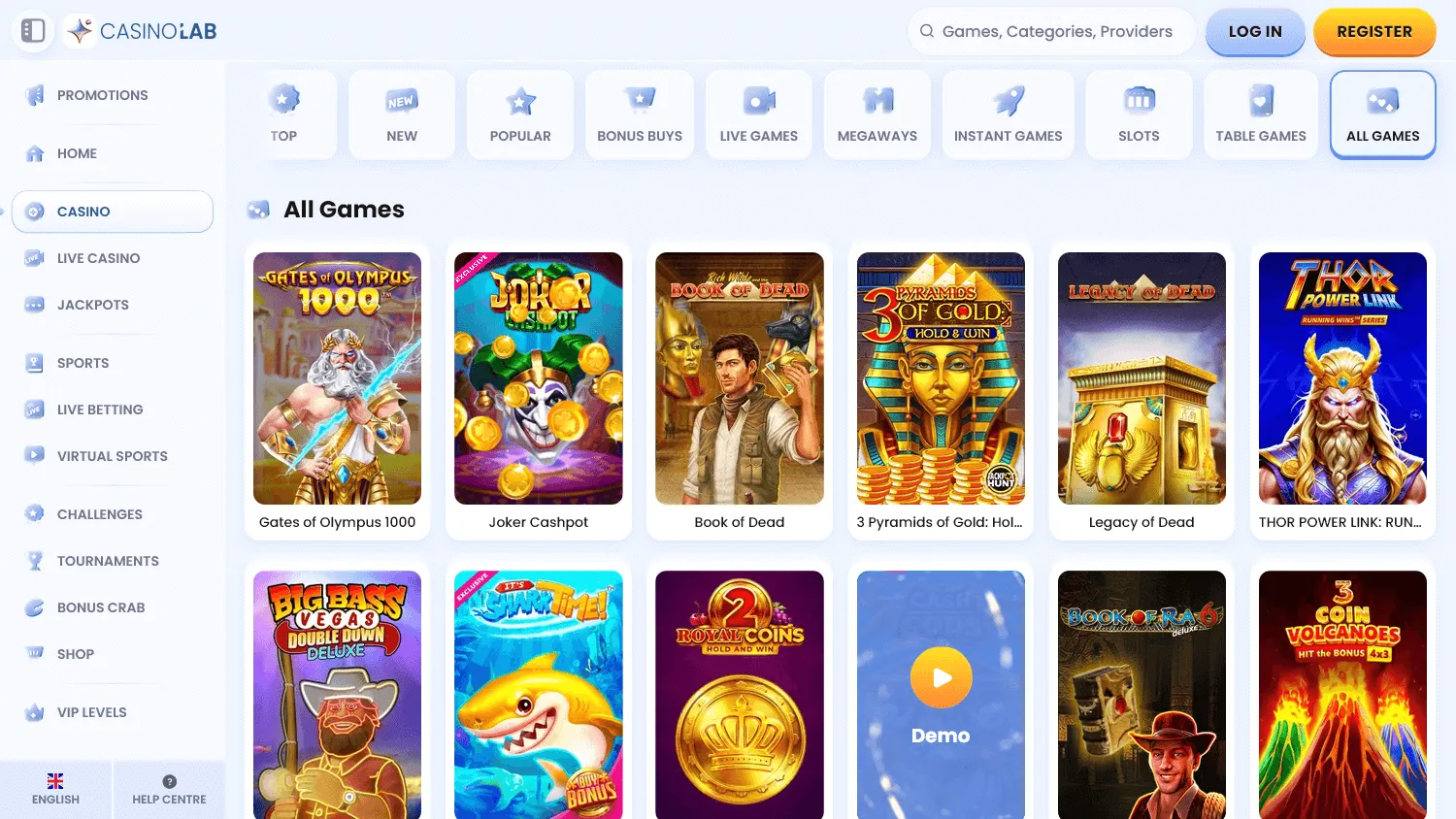 Casino Lab desktop game lobby with casino categories