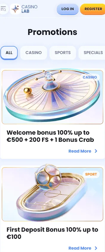 Casino Lab mobile browser promotions area with casino offers