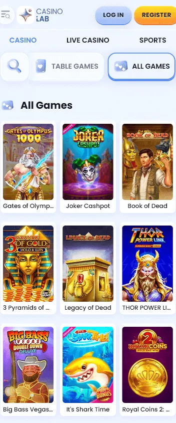 Casino Lab mobile browser game lobby with casino categories